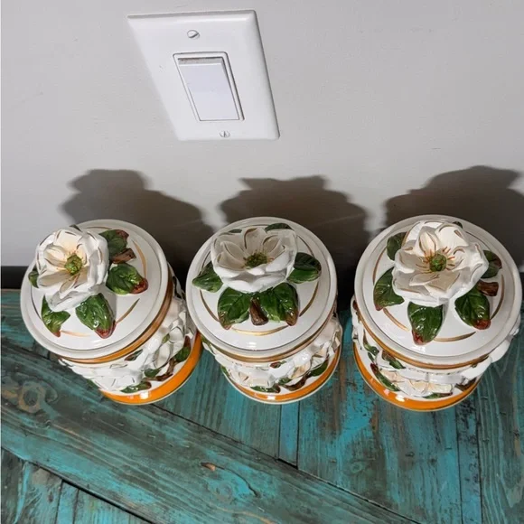 Vintage Floral Ceramic Canister Set-3-D Floral Design Coffee Tea Sugar - Picture 8 of 14